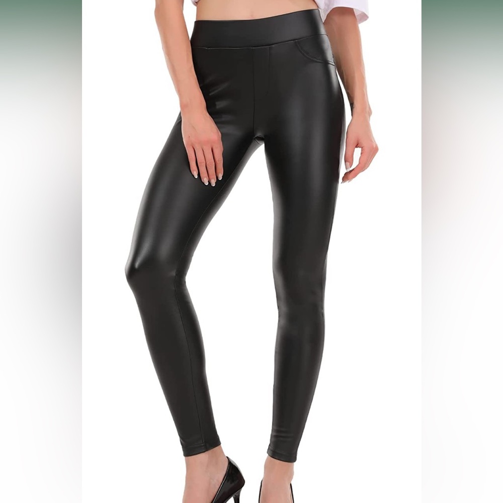 Black Faux Leather PU Women’s High Waist Leggings Cuffed Pants SMALL NWOT